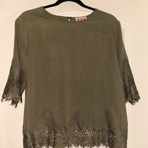 Three pink hearts blouse in olive color with lace trim